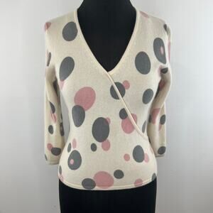 Grayson & Dunn Cashmere Cream Gray Pink Polka Dot V-Neck Wrap Top Petite Small S